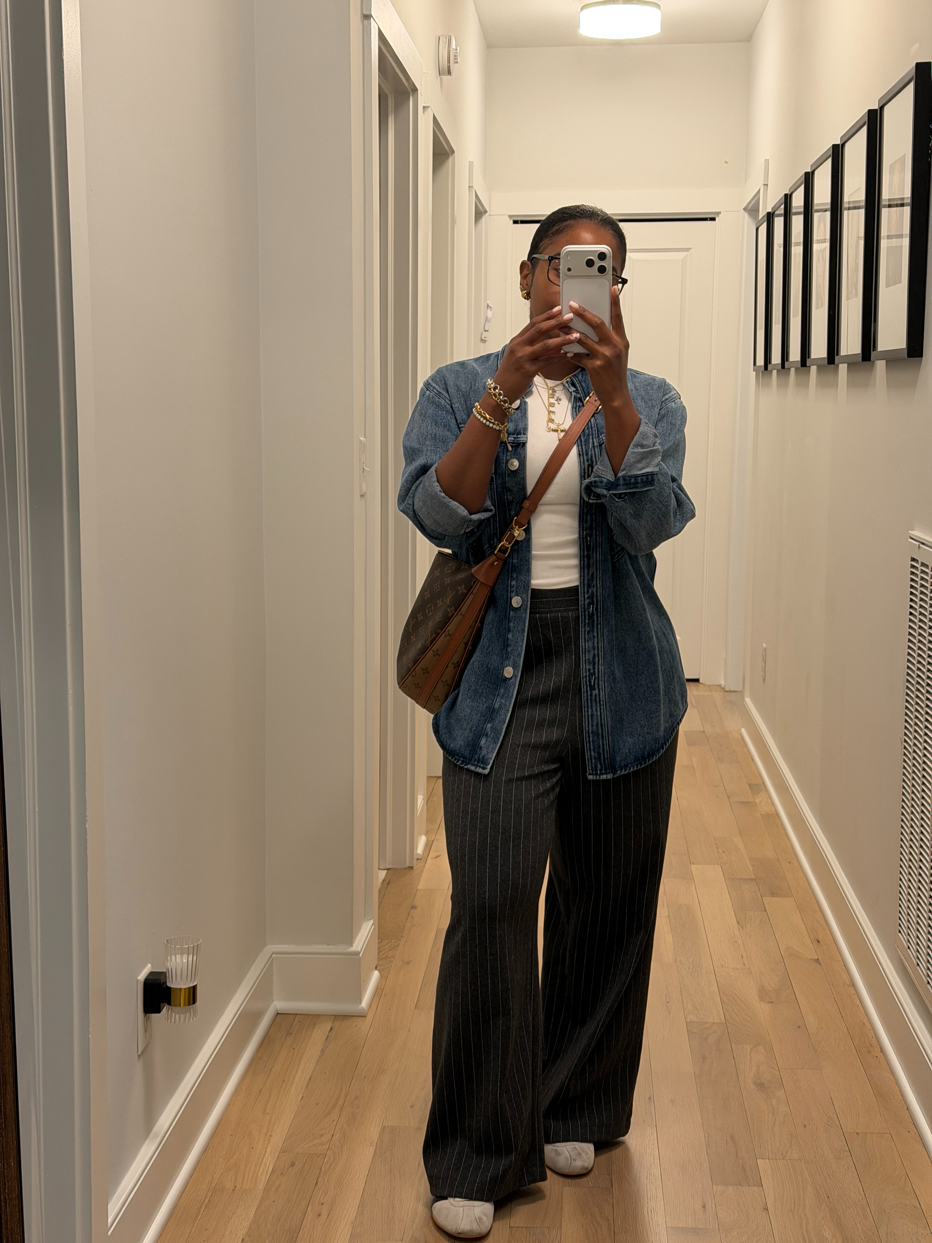 tank: medium
denim shirt: large
pants: medium 

 