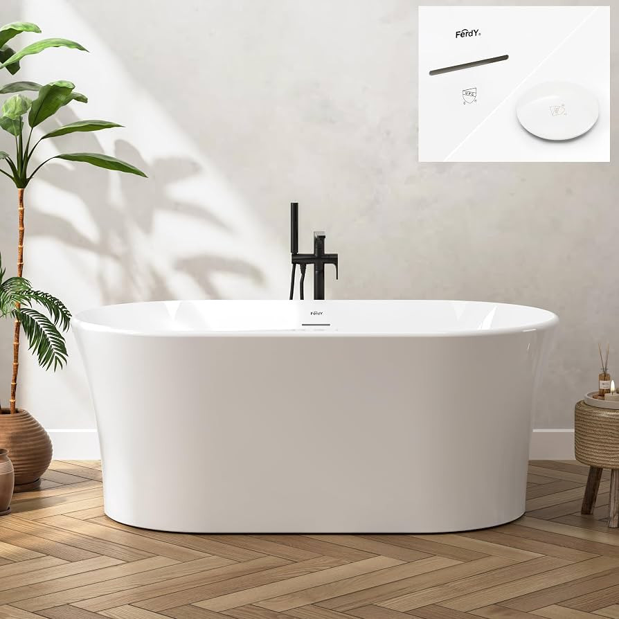 FerdY Santorini 58" Acrylic Freestanding Tub, Gracefully Shaped Contemporary Soaking Tub, Glossy White, cUPC Certified, White Toe-tap Drain & Overflow Assembly Included | Amazon (US)