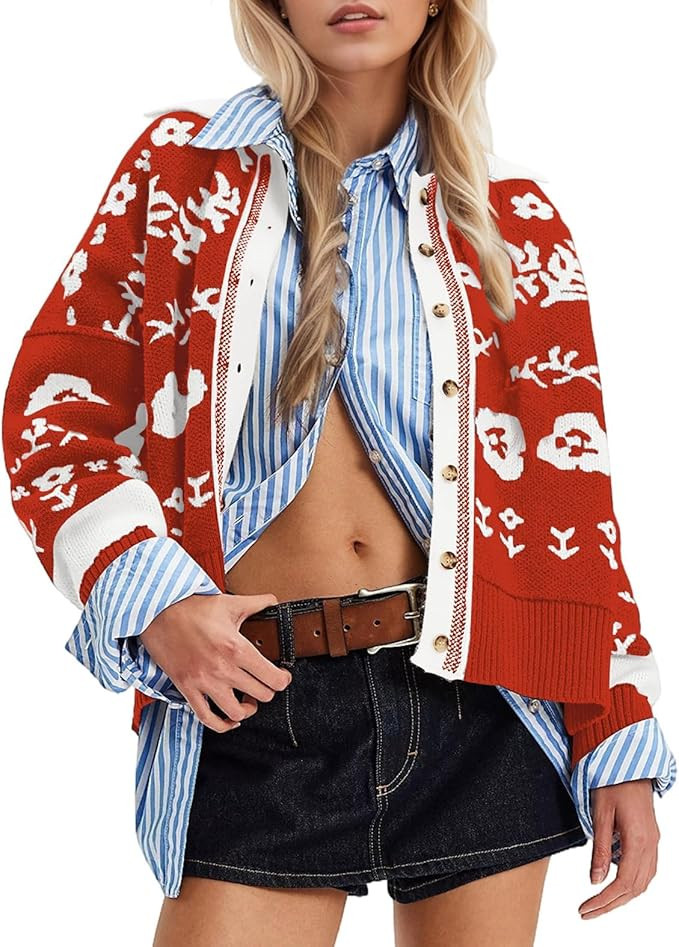 MISSACTIVER Floral Print Button Down Cardigan Sweaters for Women Long Sleeve V Neck Open Front Kn... | Amazon (US)