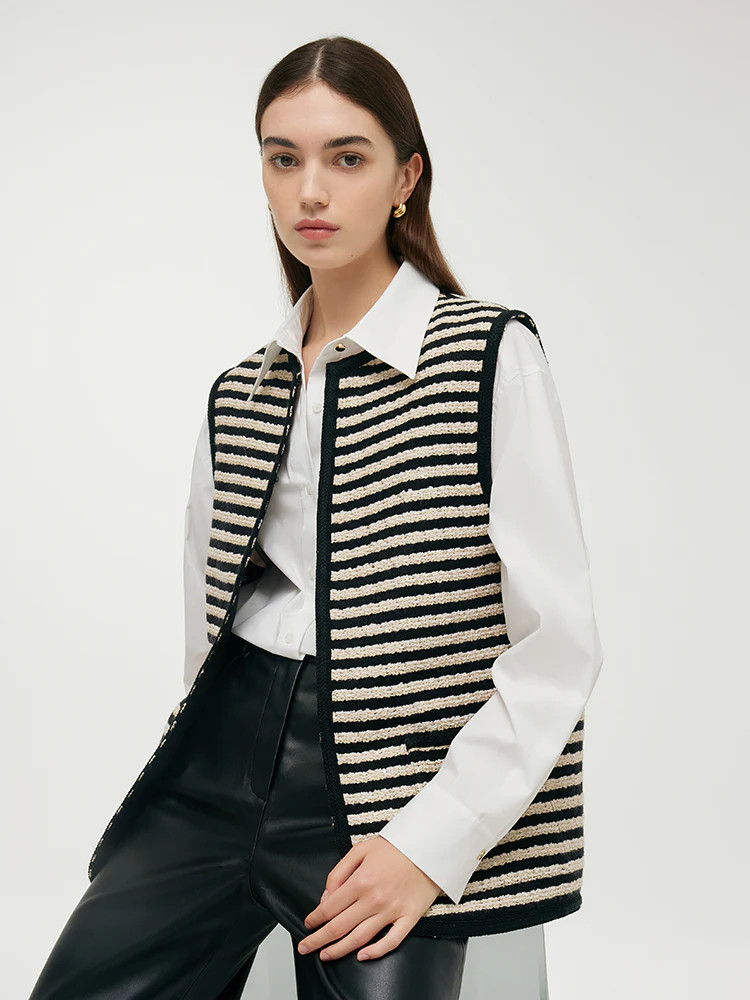 Wool Blend Tweed Black And White Stripe Women Vest | GOELIA