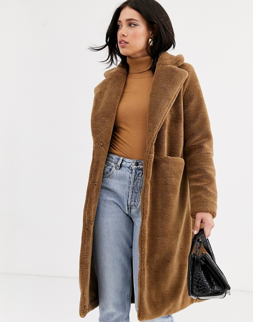Vero Moda pocket detail longline teddy jacket in brown | ASOS (Global)