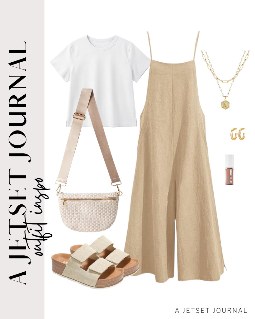 The first one is a wide-leg jumpsuit paired with a basic tee. Wearing these Project Cloud platform sandals with this is also a great idea. To style this outfit, grab a bum bag sling purse and wear this chic layered initial necklace.

#LTKSeasonal #LTKSaleAlert #LTKTravel 

 
