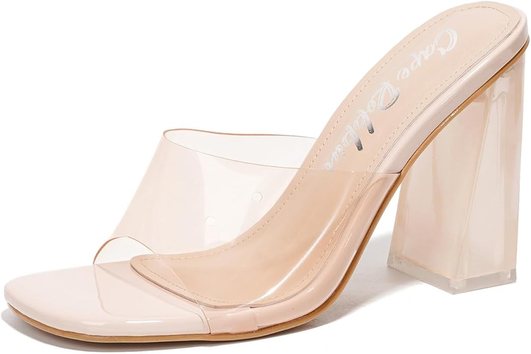 Cape Robbin Clear Slip On Block Heels for Women - Square Toe Chunky Dress Shoes for Women - Trans... | Amazon (US)