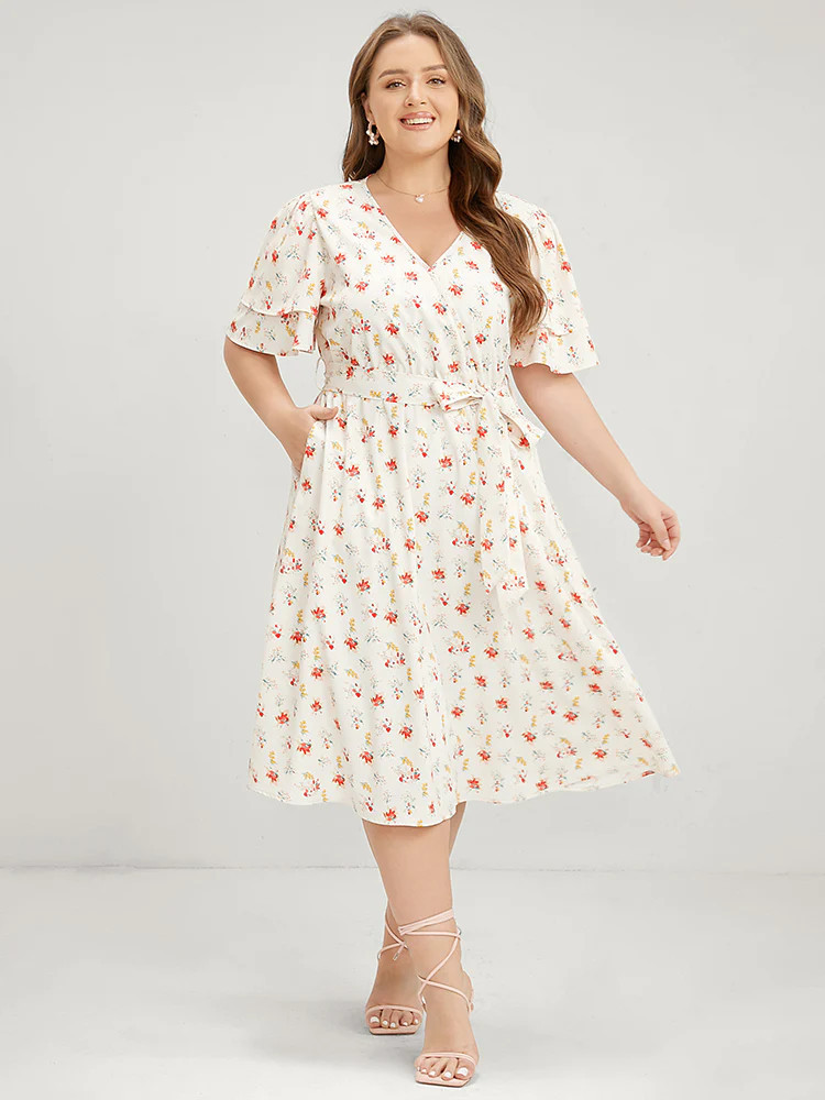 Floral Printed Ruffle Sleeve Pocket Belted Midi Dress | Bloomchic