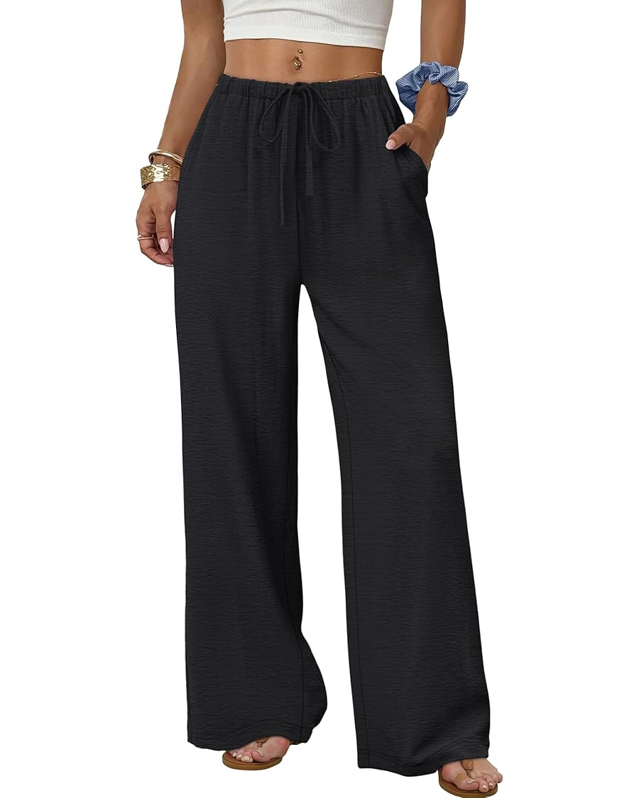 Sampeel Wide Leg Pants for Women Flowy Palazzo Drawstring Elastic Waist Trousers with Pockets Sum... | Amazon (US)