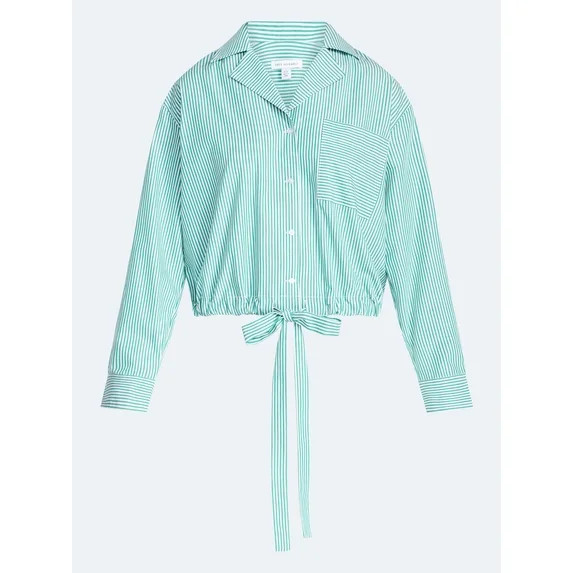 Free Assembly Women's and Women's Plus Cotton Poplin Tie Waist Shirt with Long Sleeves, Sizes XS-... | Walmart (US)