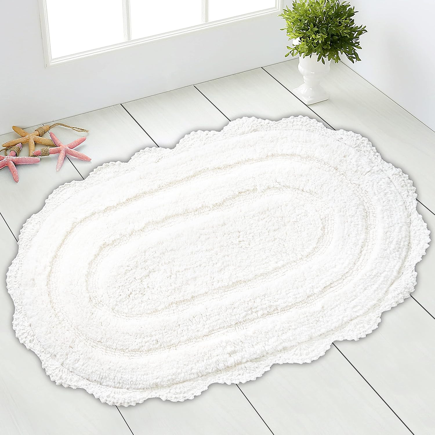 White Crochet Bathrug, 100% Cotton Oval bathmat with artisanally Handcrafted Crochet Border, 21x34 Inch, Medium Rug, Perfect for Half Baths, Powder Rooms, bathrooms | Amazon (US)