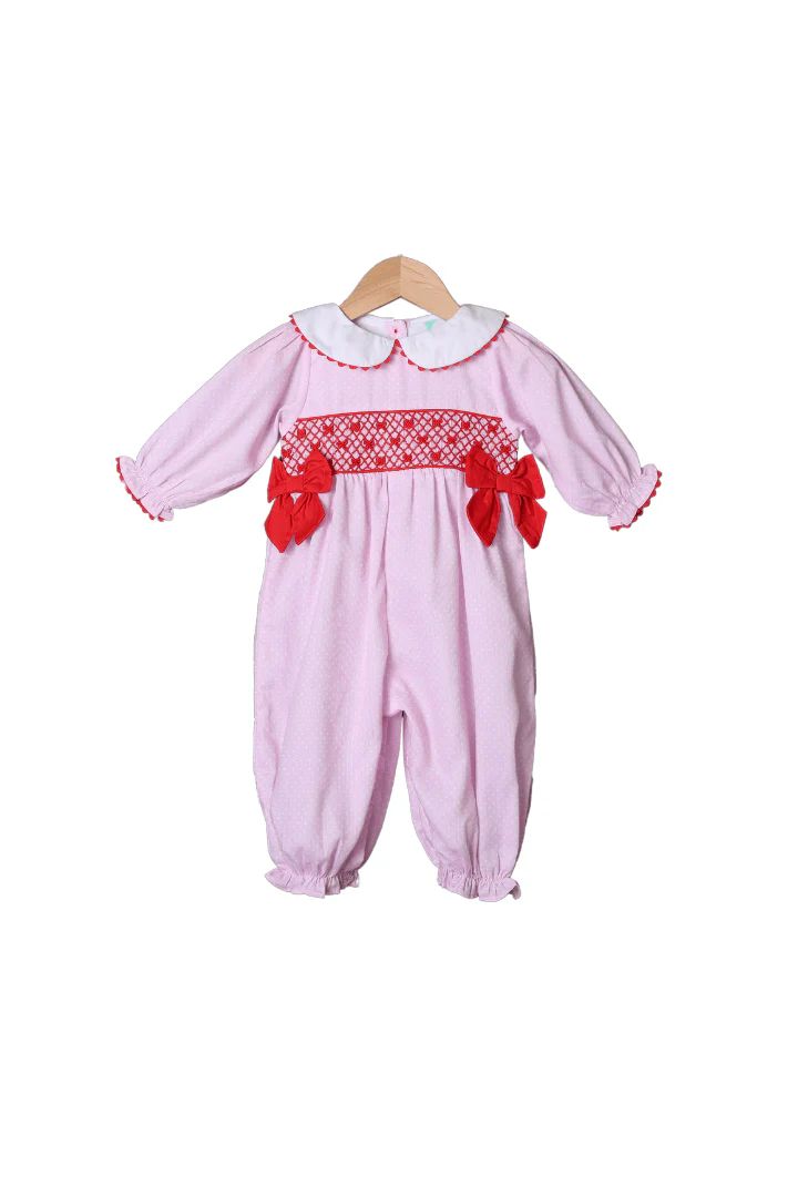 Sweet Heirloom Heart and Bow Pink Polka Dot Romper | The Smocked Flamingo