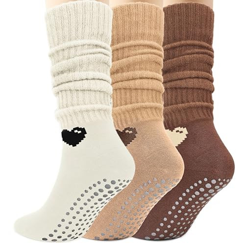 Soxbang Grip Pilates Socks for Women,Yoga Slouch Socks with Grip Over the Calf Scrunch Long Crew Socks Slipper Socks (US, Numeric, 5, 9, Regular, Regular, 3 Pairs Maillard) | Amazon (US)