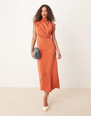 ASOS DESIGN high neck sleeveless midi dress with draped neck in rust | ASOS | ASOS (Global)
