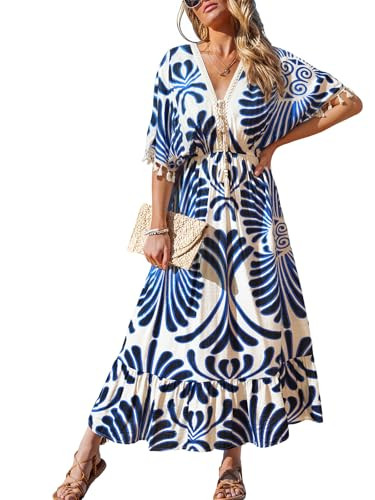 CUPSHE Women Summer Dresses Tassel Tie Front V Neck Batwing Sleeve Smocked Flowy Hawaiian Casual ... | Amazon (US)