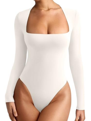 REORIA Womens Sexy Long Sleeve Square Neck Lightweight Double Lined Basic Layering Slim Soft Leotards Shirts Fall Going Out Bodysuit Tops Lvory White Large | Amazon (US)