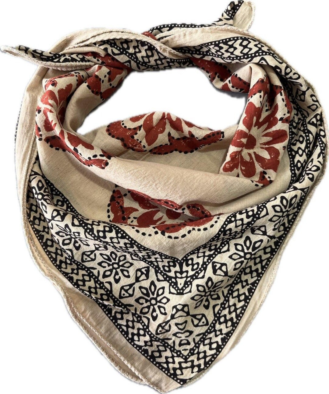 Bandana Scarf Handmade Hand Block Print Bandana in Cream, Pumpkin and Steel - Handmade Organic Co... | Etsy (US)