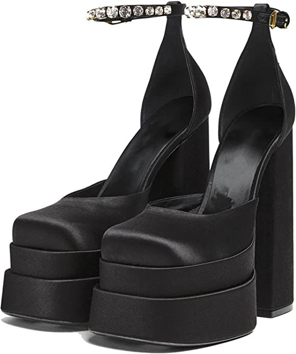Womens Platform Dress Pumps Ankle Strap Block High Heeled Silk Satin Square Toe Fashion Heeled Pu... | Amazon (US)