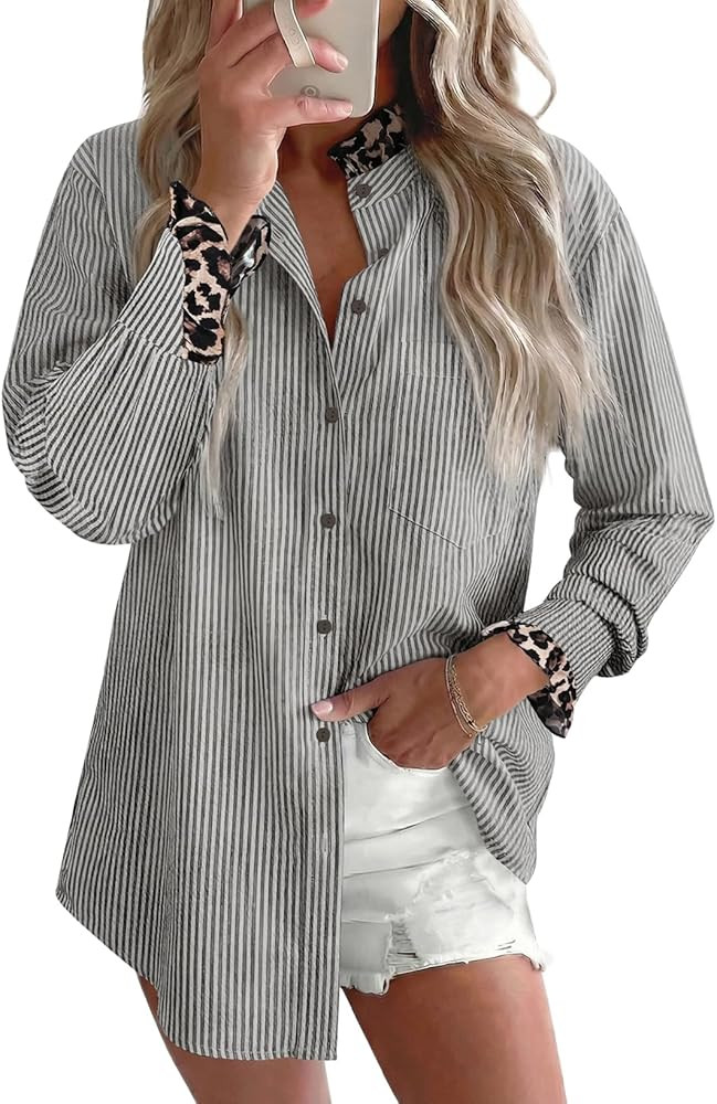 Astylish Womens 2026 Button Down Blouses Leopard Printed Trim Contrast Ruffle Cuff and Collar Puf... | Amazon (US)
