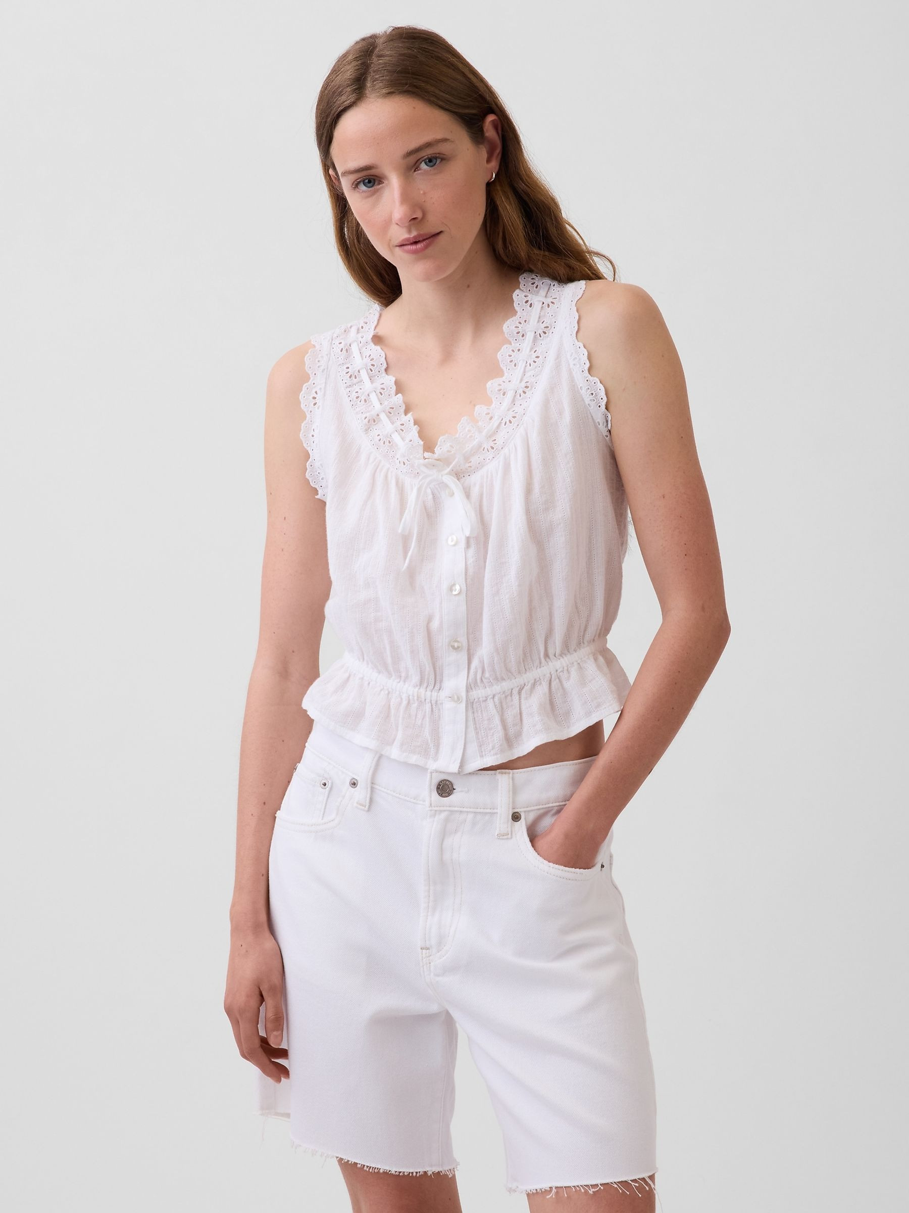 White Eyelet Tie-Front Crop Peplum Scoop neck Top | Gap | GAP UK