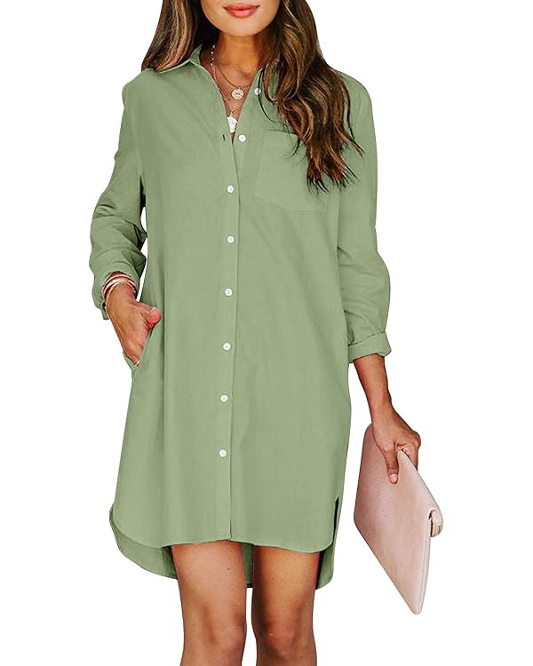 Mutitop Womens Button Down Shirt Dresses with Pockets Cotton Button Up Tunics Long Sleeve Solid C... | Amazon (US)