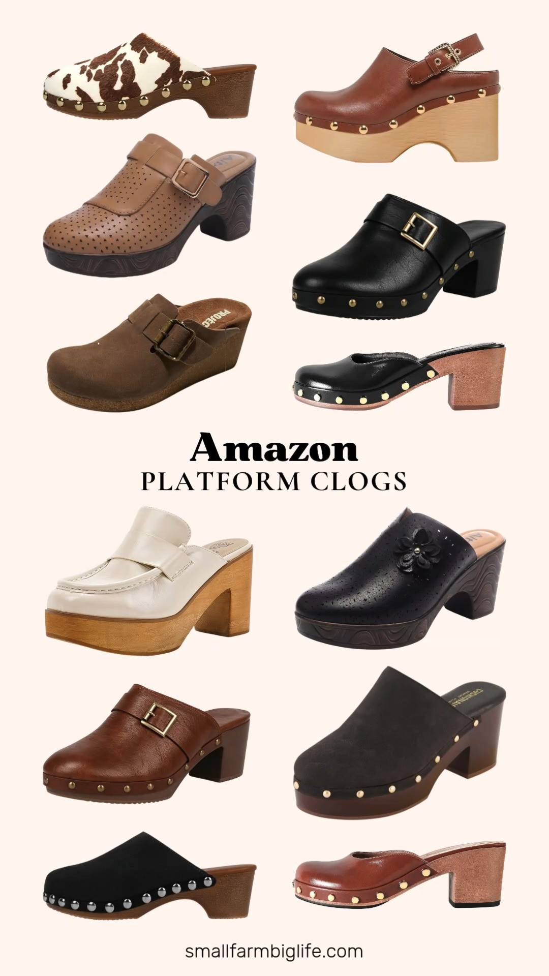 Studded platform clogs are having a real moment this fall, and this lineup brings a trendy, elevated twist to the classic clog silhouette. The CUSHIONAIRE Gibbons faux wood clog with dark brown and gold studs stands out for comfort, with memory foam padding and wide width options available. The SoundSky studded clogs in brown and black both have a gold buckle strap and studded sole trim for a fashion forward finish.

For a print moment, the KISSASA studded clogs come in brown and cream cow print or black with silver studs, both bringing a fun, statement making detail to a simple outfit. The MAVMAX studded clogs with a back strap add a retro touch, while the DOEYG platform chunky clogs in brown and black with metal studs bring a dressy, comfortable option for daily wear.

If you prefer something softer, the mushroom suede Project Cloud platform clogs and the beige wood clog mules both have that same elevated platform height with a more neutral, versatile finish. The hollow out flower mule clogs in black and camel round out the collection with a unique, open back wood grain design.

#amazonfashion #platformclogs #fallshoes #falloutfits #amazonfinds 

 #LTKootd #LTKOver40 #LTKWorkwear