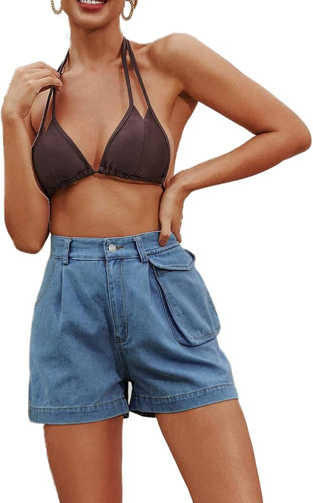 Women Vintage Denim Shorts High Waisted A Line Jeans Short with Pocket | Amazon (US)