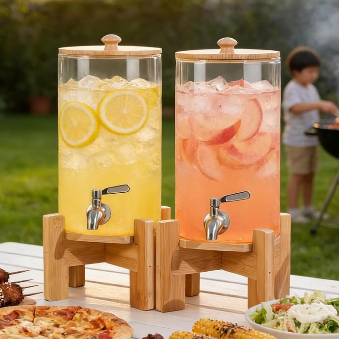 2 PCS 1.1 Gallon Glass Drink Dispenser with Wood Stand for Parties | Amazon (US)