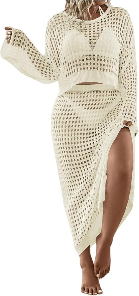 Women's 2 Piece Plus Size Cover Up Sweater and Split Thigh Skirt Set Beach Swim Cover Up Outfit | Amazon (US)
