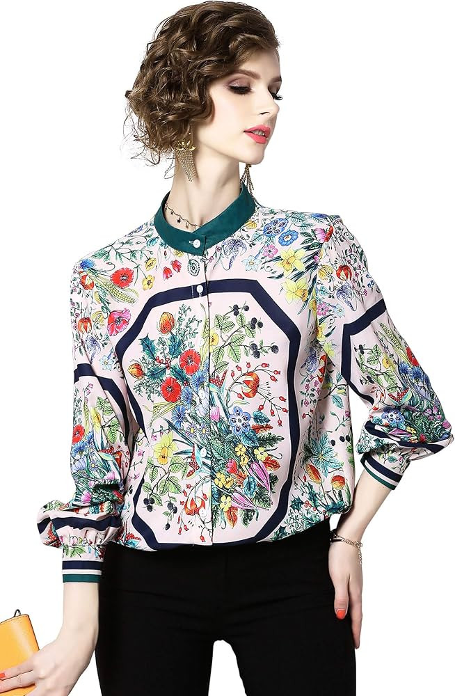 Women's Elegant Collared Neck Allover Print Button-Up Loose Blouse Casual New Season Tops | Amazon (US)