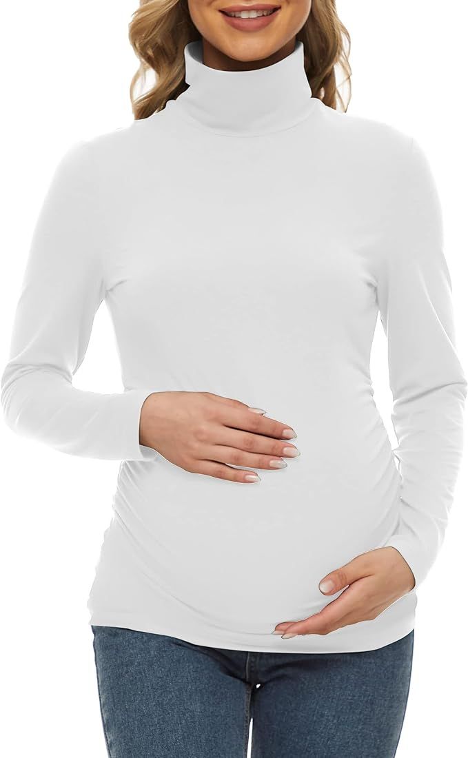 JK Unicorn Turtleneck & Long Sleeve Maternity Shirts Basic Top Ruch Sides Bodycon Tshirt for Pregnan | Amazon (US)