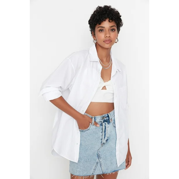 Trendyol Women  Basics Oversize Basic Shirt Collar Woven Shirt | Walmart (US)