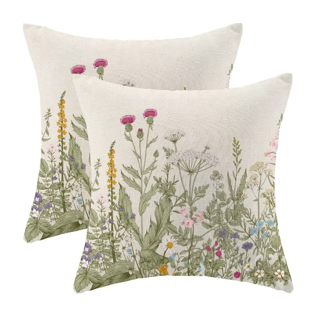 AEIOAE Spring Pillow Covers 18 X 18 Inch Set of 2, Farmhouse Wildflower Green Throw Pillow Covers... | Amazon (US)
