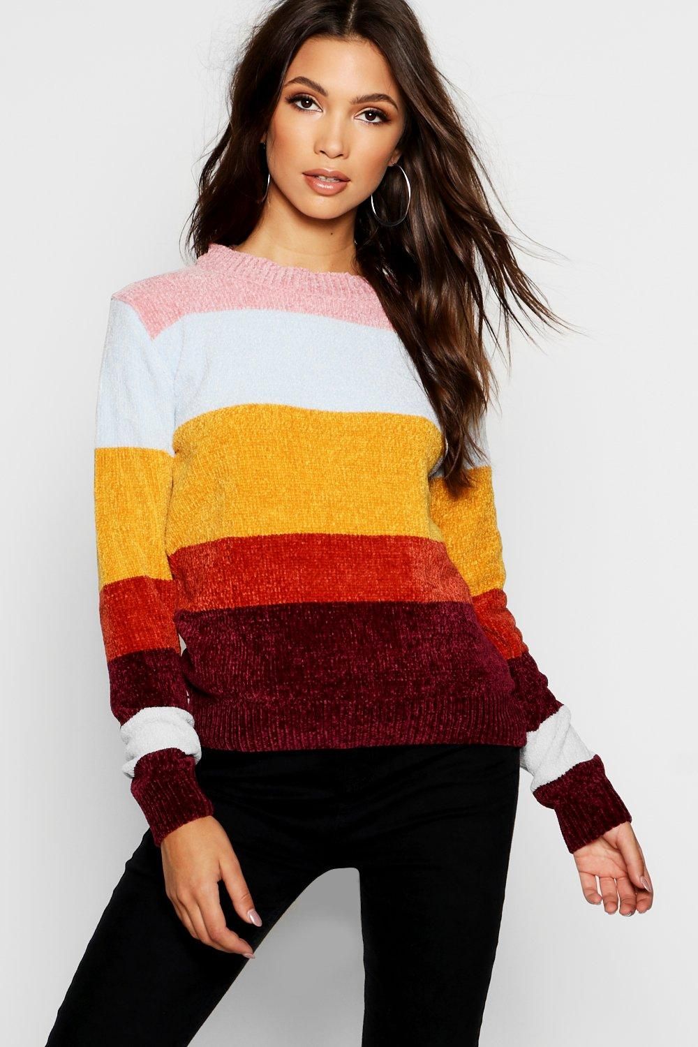 Rainbow Stripe Knitted Chenille Jumper | Boohoo.com (US & CA)