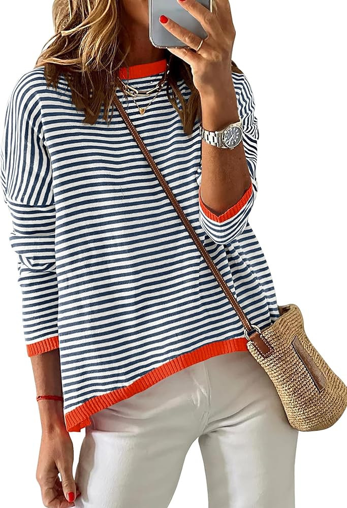 ZESICA Womens Spring Striped Sweaters Long Sleeve Crew Neck Shirts Color Block Lightweight Pullov... | Amazon (US)