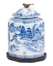 Porcelain Jar With Wood Base And Lid | TJ Maxx