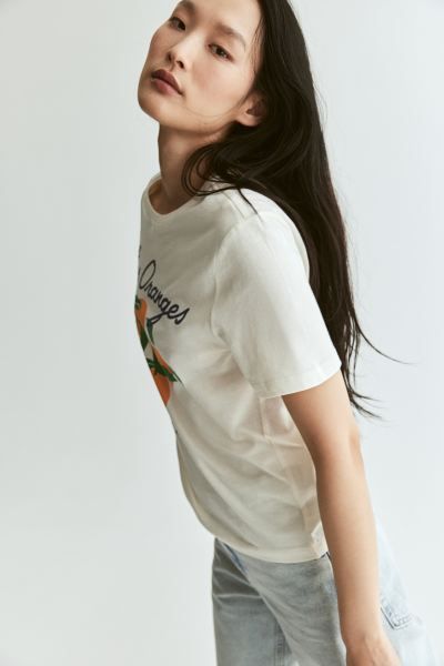 Printed T-shirt - Round Neck - Short sleeve - Cream/oranges - Ladies | H&M US | H&M (US + CA)