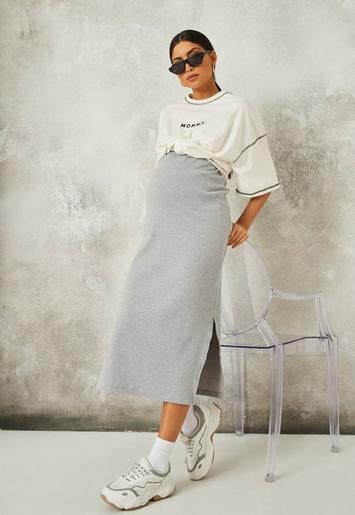 Missguided - Grey Rib Split Side Over Bump Maternity Skirt | Missguided (UK & IE)