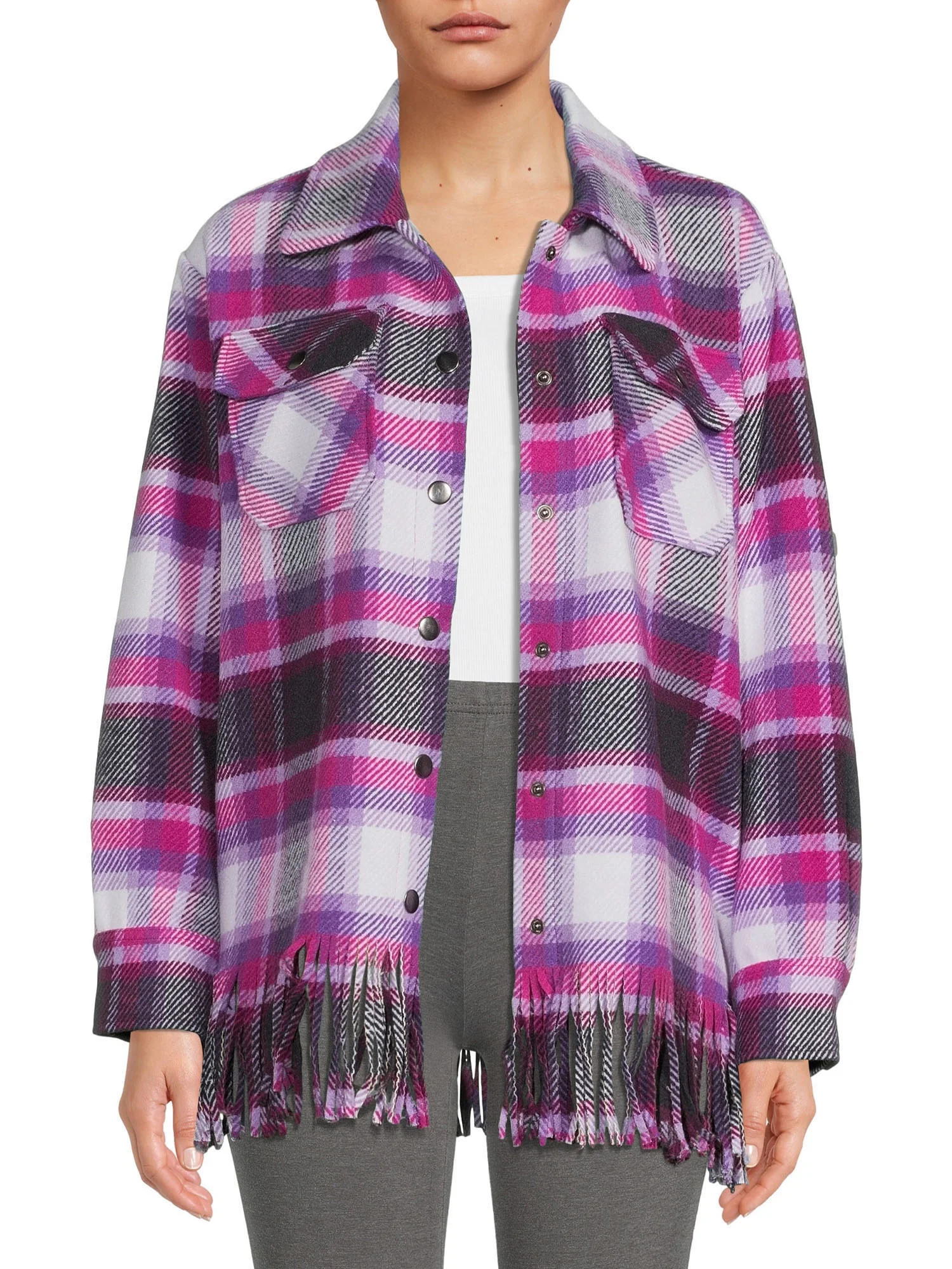 Time and Tru Women's Plaid Fringe Shacket with Snap Front - Walmart.com | Walmart (US)
