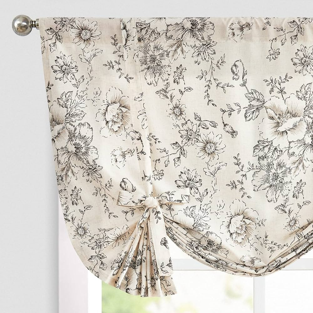 jinchan Tie Up Valance Floral Linen Valance for Windows Farmhouse Valance 45 Inch Peonies Botanical Short Window Treatment Adjustable for Kitchen Living Room Light Filtering 1 Panel Black on Beige | Amazon (US)