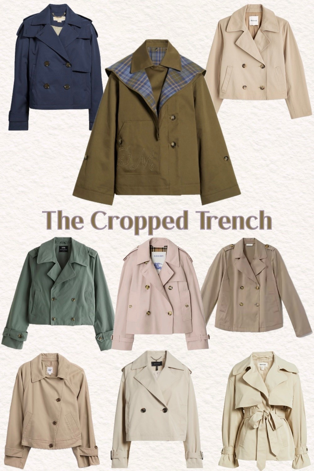 A cropped trench coat is the perfect transitional piece for spring! I've curated a collage of the best styles, from classic khaki and timeless camel to bold leather, sleek black, and chic neutral tones. Whether you prefer a structured tailored fit, an oversized relaxed silhouette, or something with belted details, there's a cropped trench for every personal style. These lightweight jackets are ideal for layering over dresses, jeans, or workwear, adding instant polish to any outfit. Shop my favorite cropped trench coats.

#LTKootd #LTKgrwm #LTKMidsize
