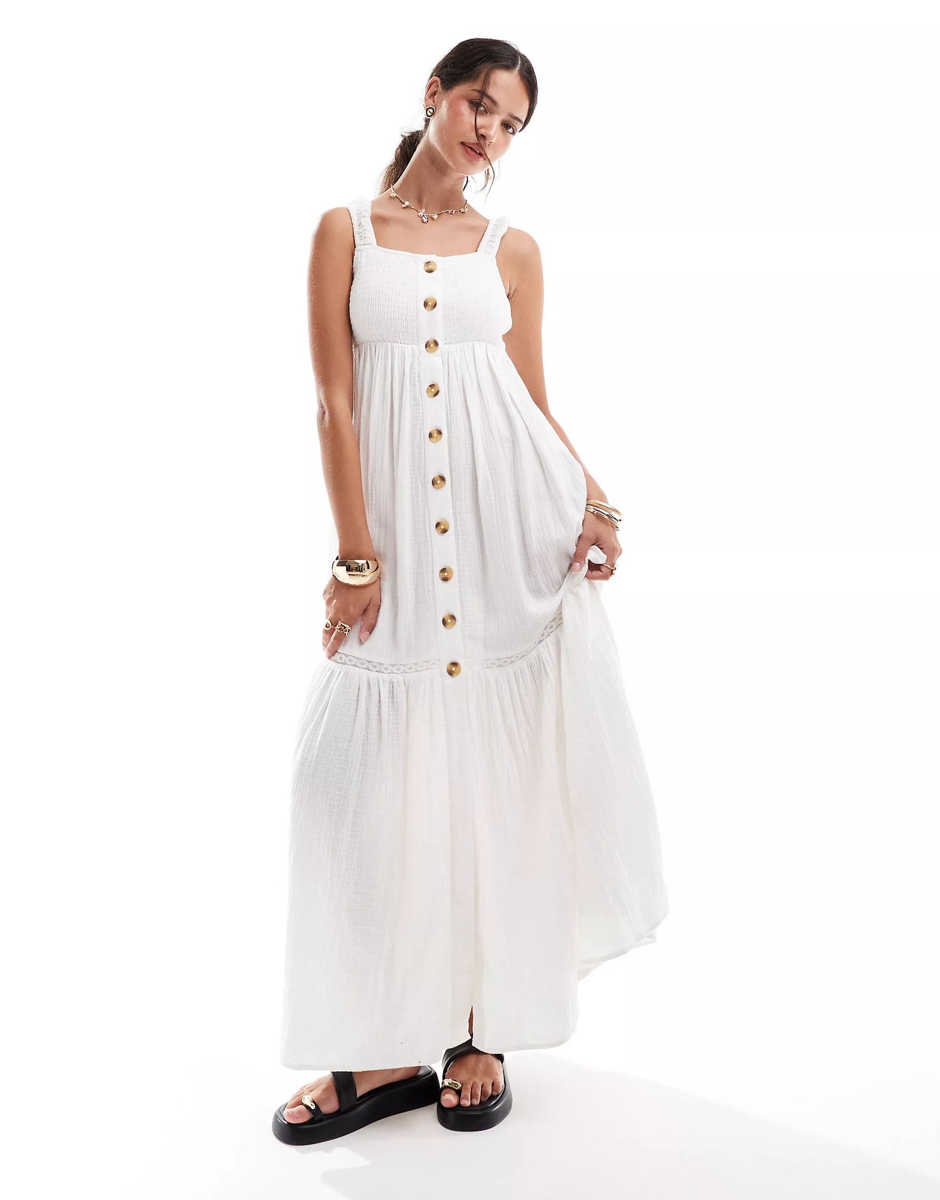ASOS DESIGN double cloth shirred button through tie back maxi dress in whipped cream | ASOS (Global)