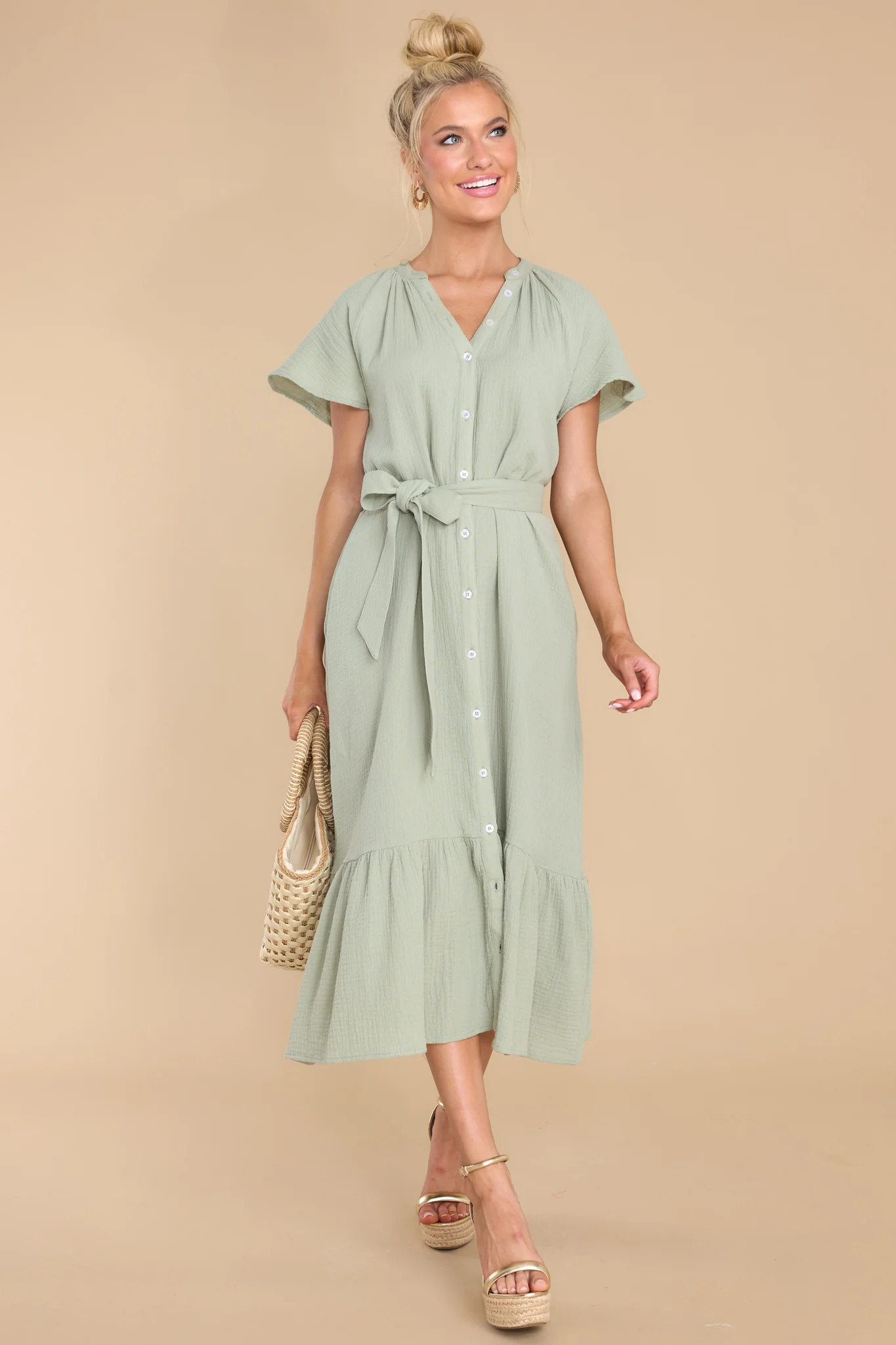 Buttoned Up Beauty Sage Gauze Midi Dress | Red Dress 