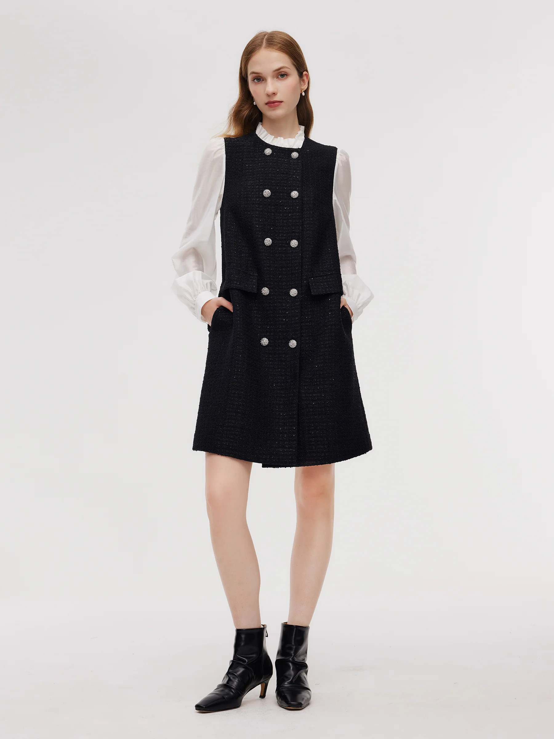 Tweed Faux Two-Piece Women Mini Dress - Black / S | GOELIA