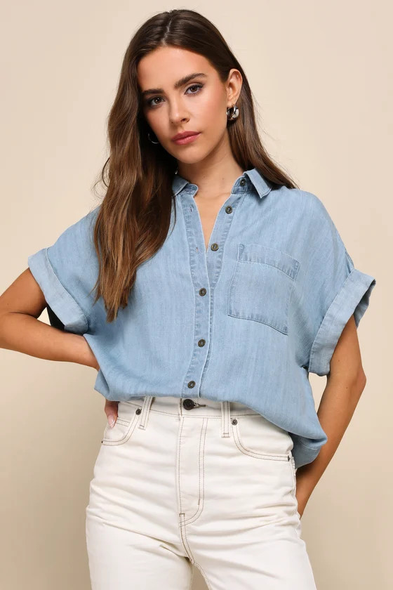 Consistently Confident Blue Chambray Collared Button-Up Top | Lulus