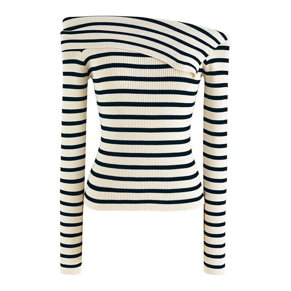 CHICWISH Women's Stripe Black Off-Shoulder Long-Sleeve Knit Top | Amazon (US)