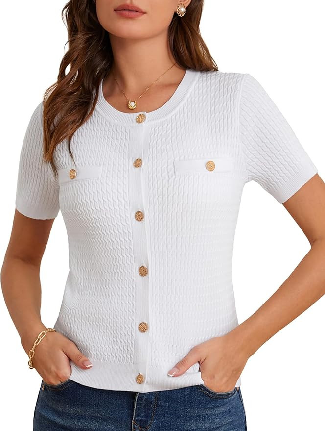 GRACE KARIN 2025 Women's Summer Short Sleeve Cardigan Sweaters Crew Neck Button Down Cropped Swea... | Amazon (US)