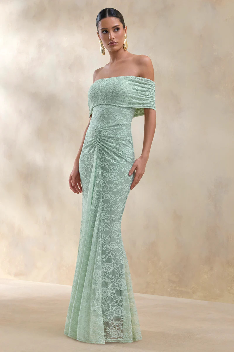 Elinor  Sage Lace Bardot-Neck Maxi Dress With Gathered-Detailing | Club L London