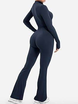 YEOREO Women Long Sleeve Flare Workout Jumpsuit Zip Up Romper Bottom Pants Wide Leg Bodysuit Body... | Amazon (US)