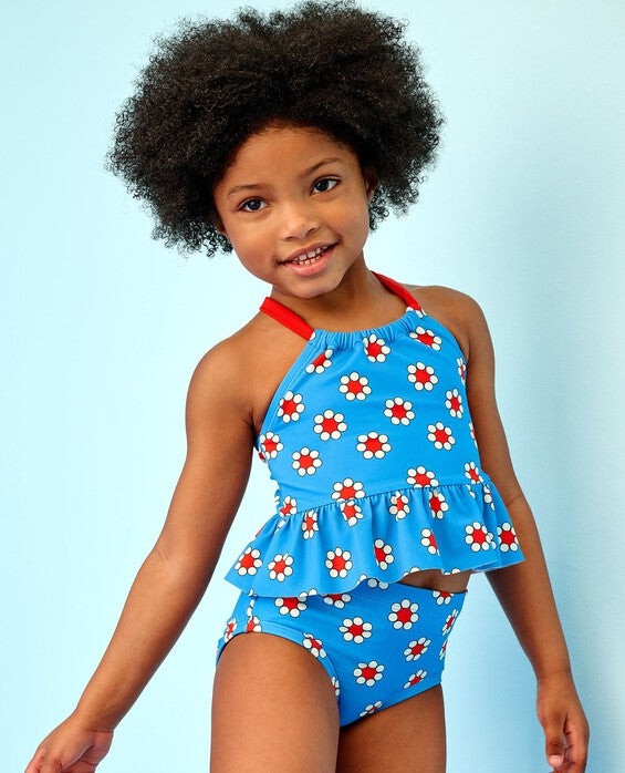 Girls' Red Flowers On Swedish Sky Two-Piece High Neck Swimsuit - Size Big Kids 10 by Hanna Andersson | Hanna Andersson