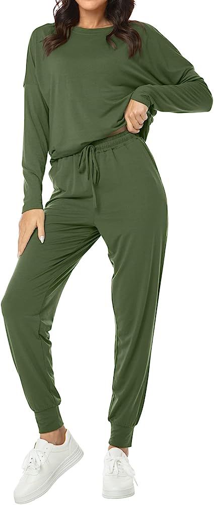 DouBCQ Womens Two Piece Outfit Long Sleeve Sleepwear and Lounge Pants Pajamas Set | Amazon (US)