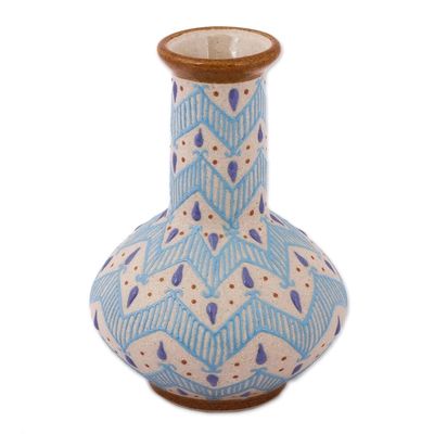Handcrafted Blue and Ivory Chevron Motif Ceramic Flower Vase | NOVICA