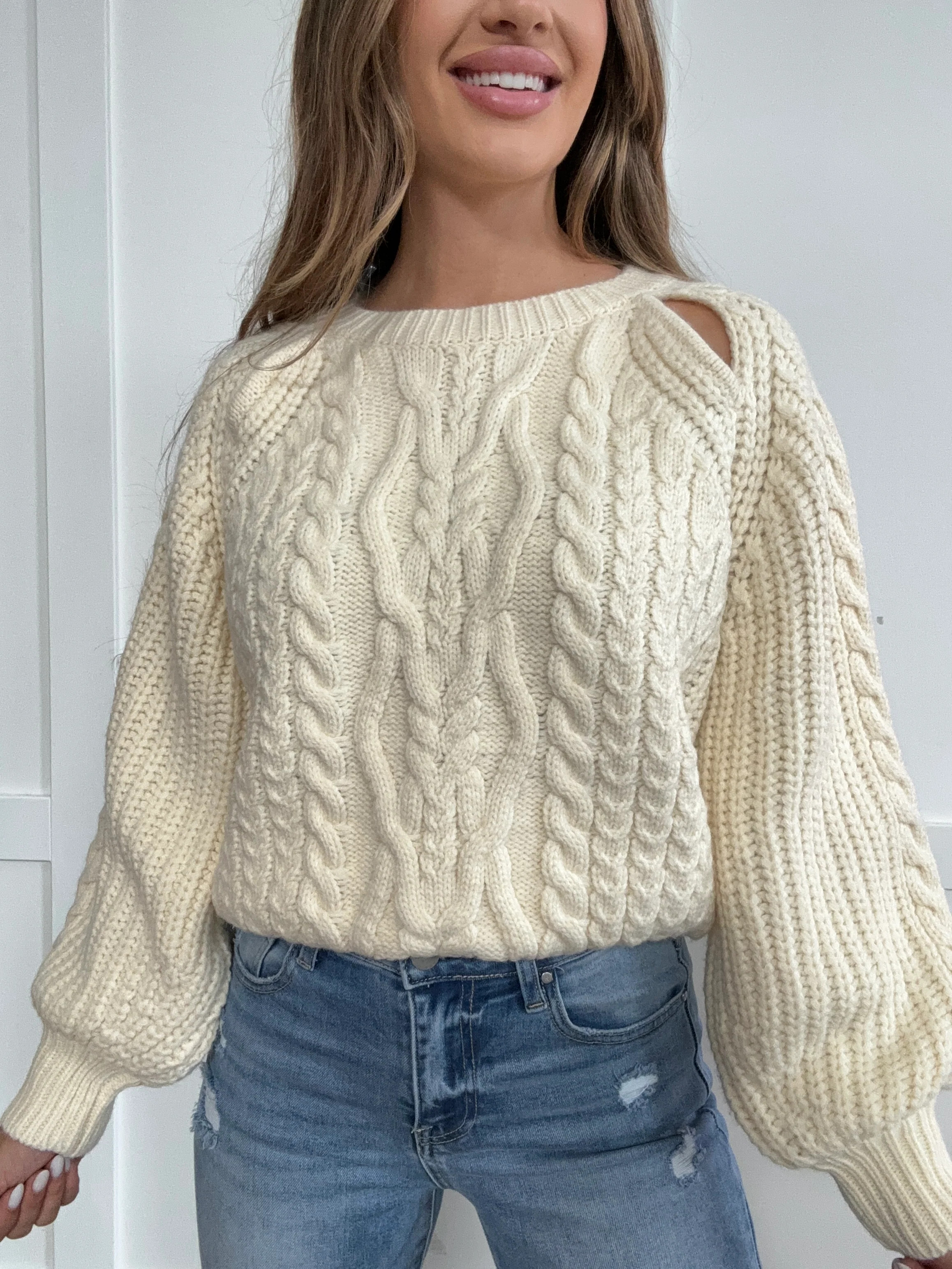 Autumn Whispers Cable Knit Long Sleeve Sweater- Cream | Willow Boutique
