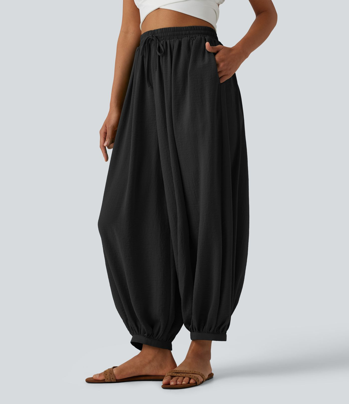 Women\u2019s High Waisted Drawstring Linen-Feel Resort Flowy Balloon Pants with Pockets - Halara | HALARA